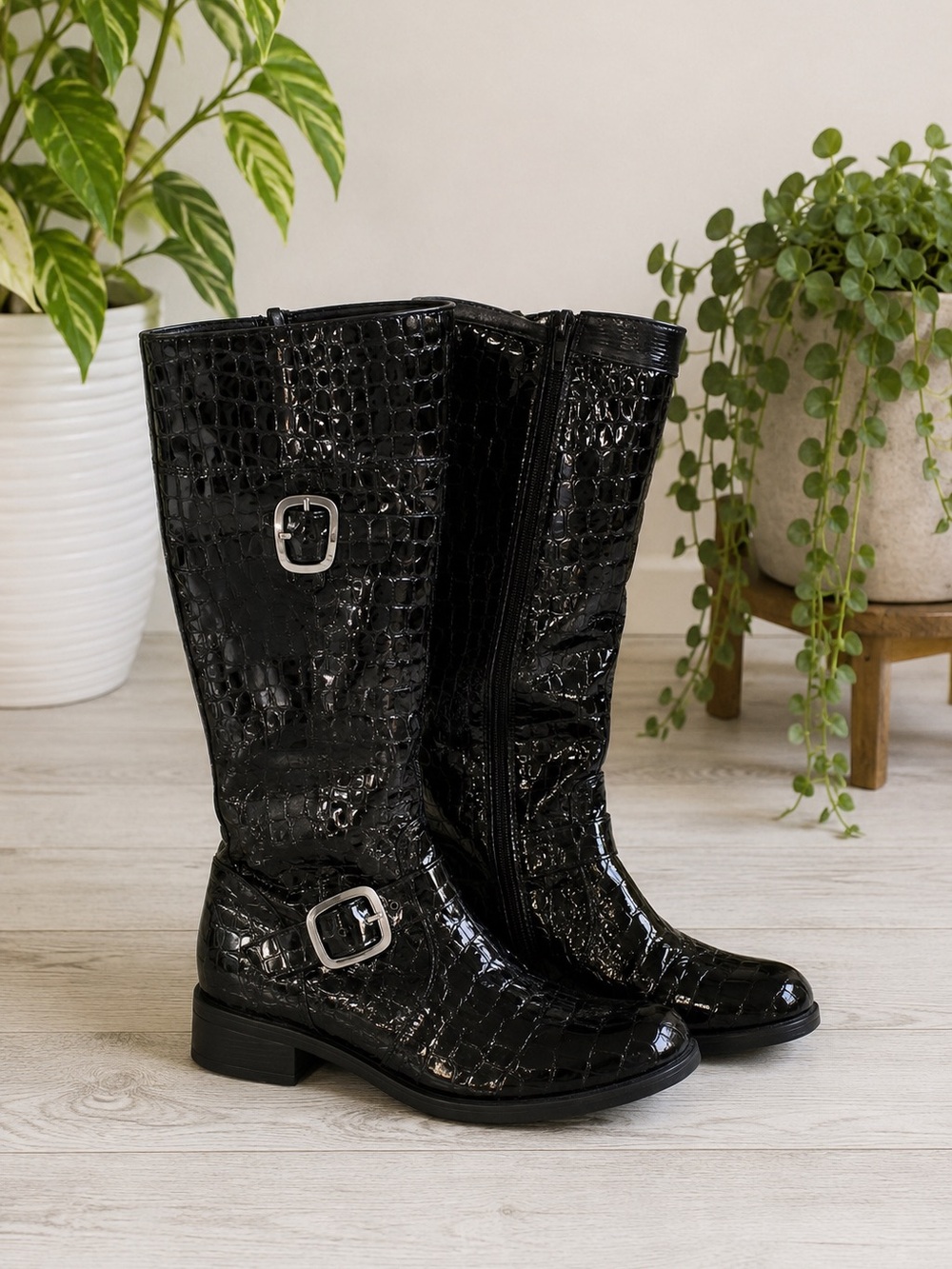 Remonte Black Patent Croc Knee High Boots EU 38/8 WOOL Lined Statement Cozy